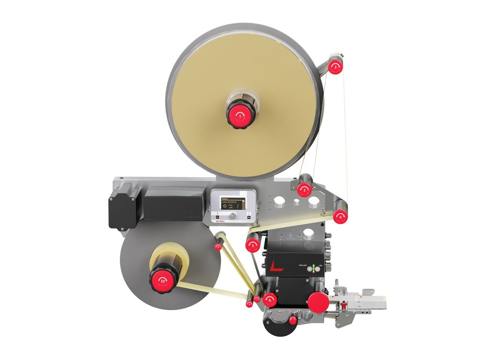 Distributeur d’étiquettes Alpha HSM face avant avec rouleau d’étiquettes inséré