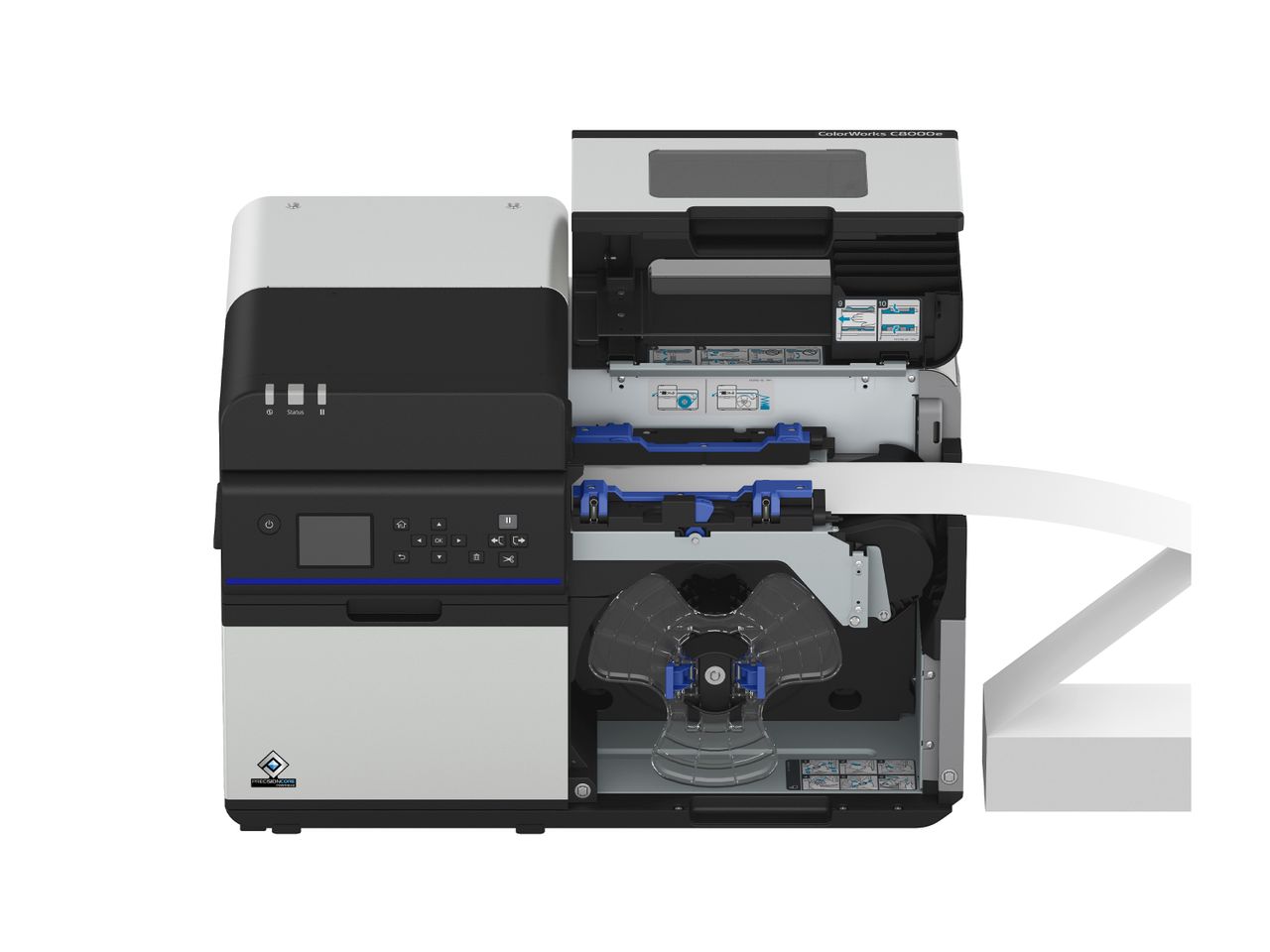 Imprimante d’étiquettes couleur Epson ColorWorks C8000e Capot ouvert avec papier continu