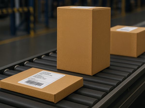 Cartons de différentes hauteurs avec étiquettes d'expédition