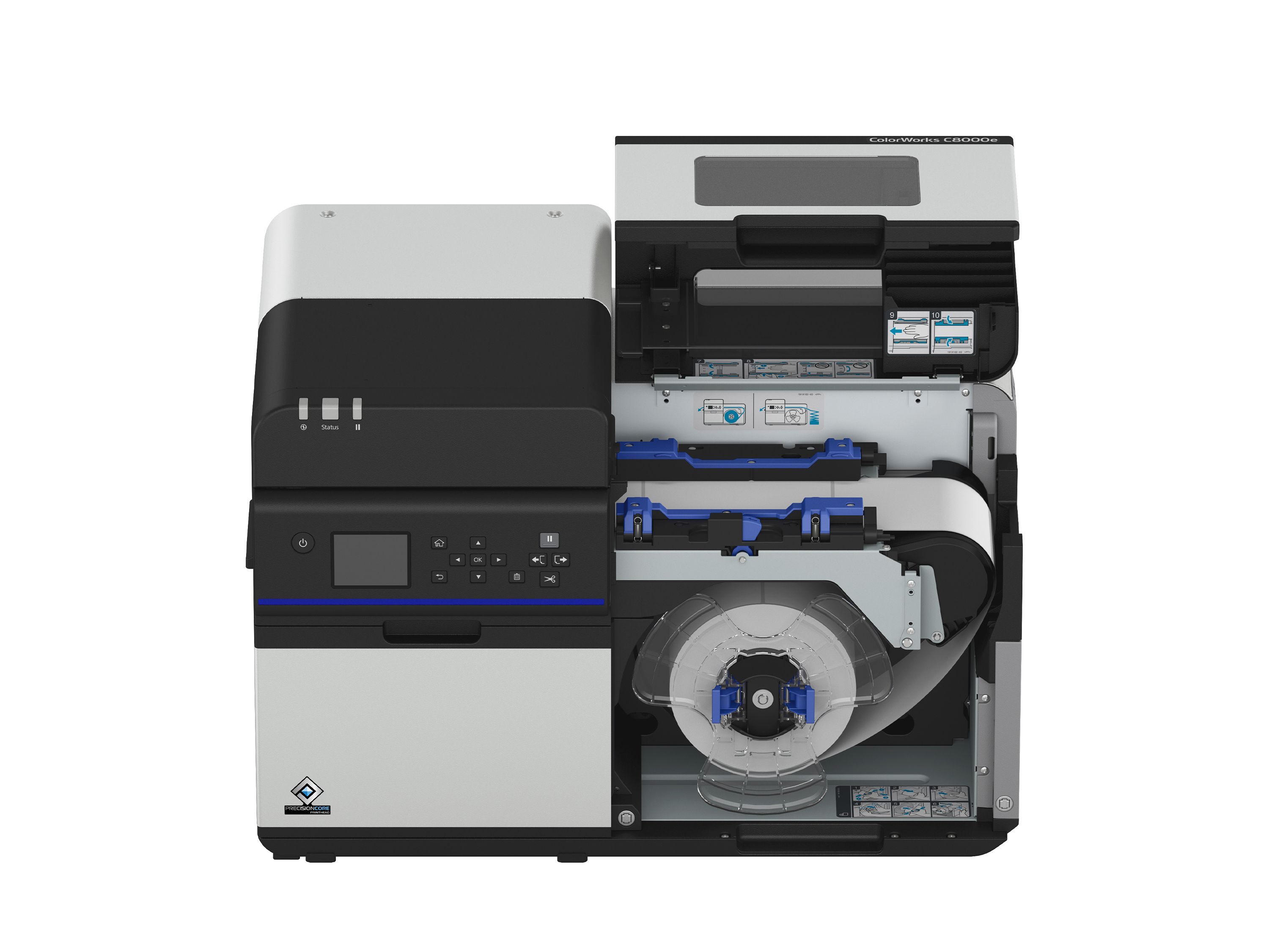 Imprimante d’étiquettes couleur Epson ColorWorks C8000e Couvercle ouvert avec rouleau