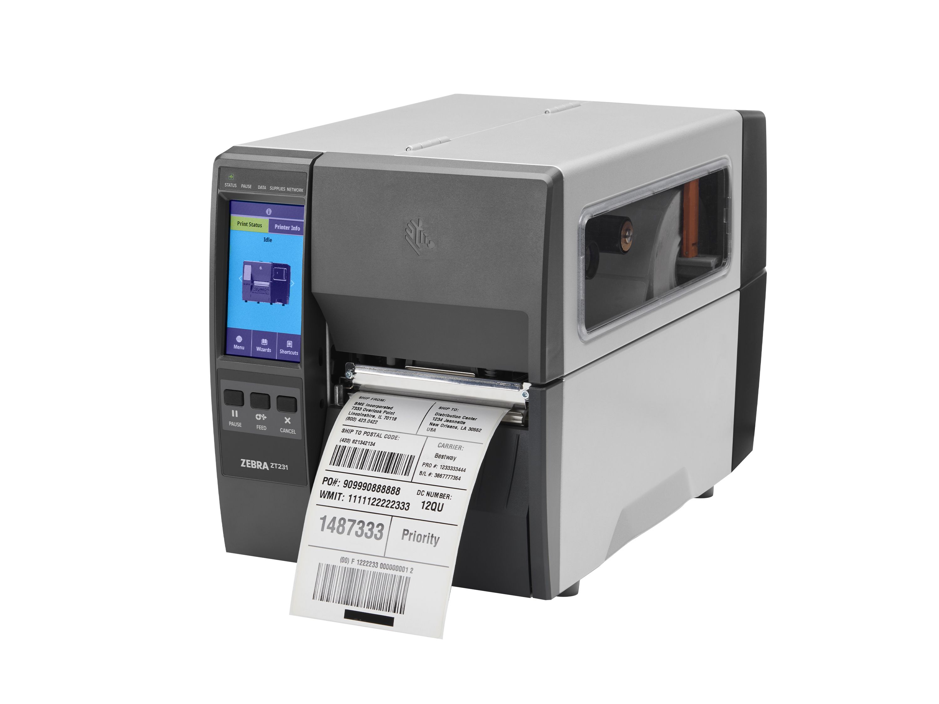 Imprimante d’étiquettes Zebra ZT231 avant gauche avec étiquette