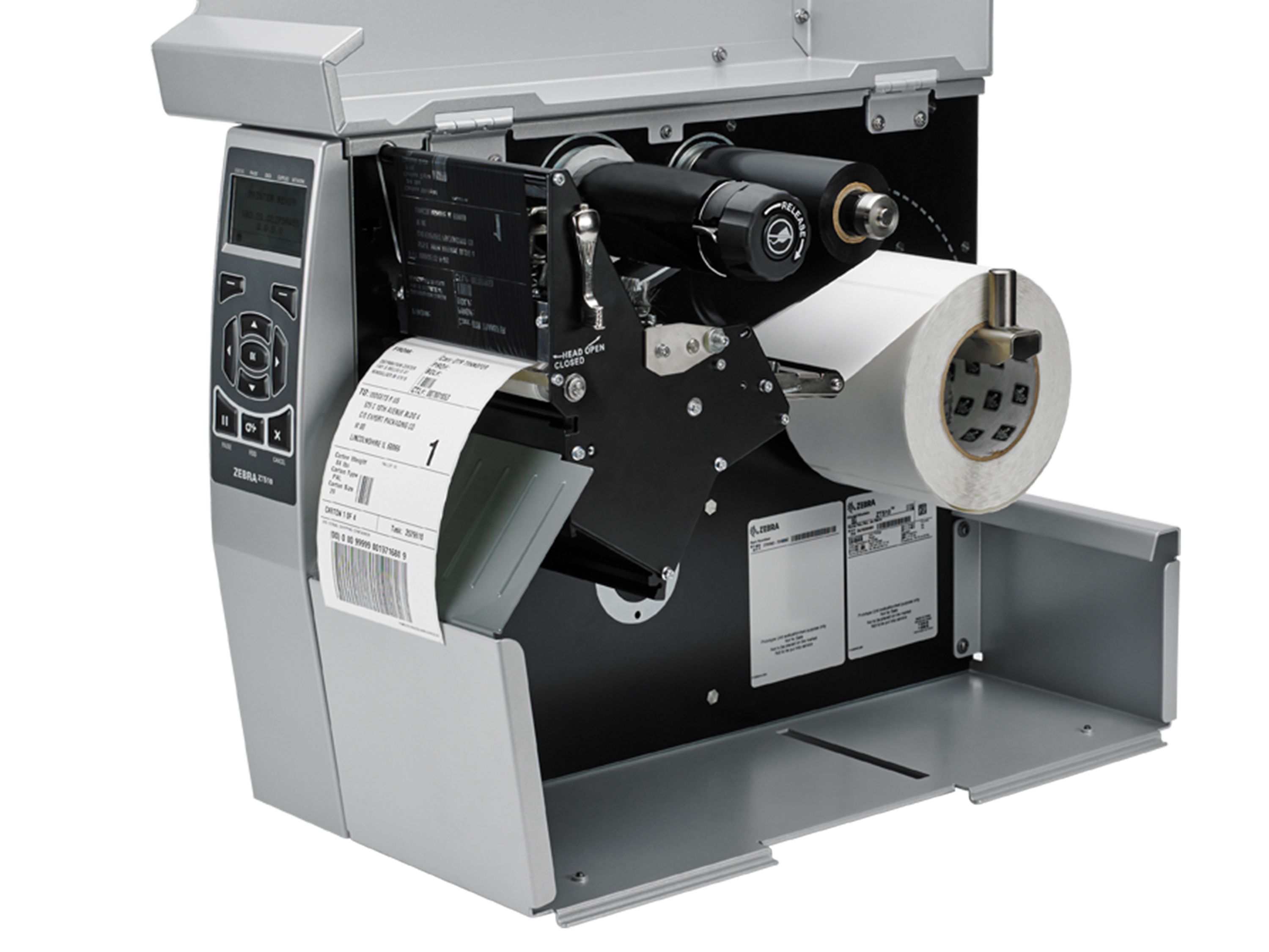Imprimante d’étiquettes Zebra ZT510 ouverte avec film à transfert thermo inséré