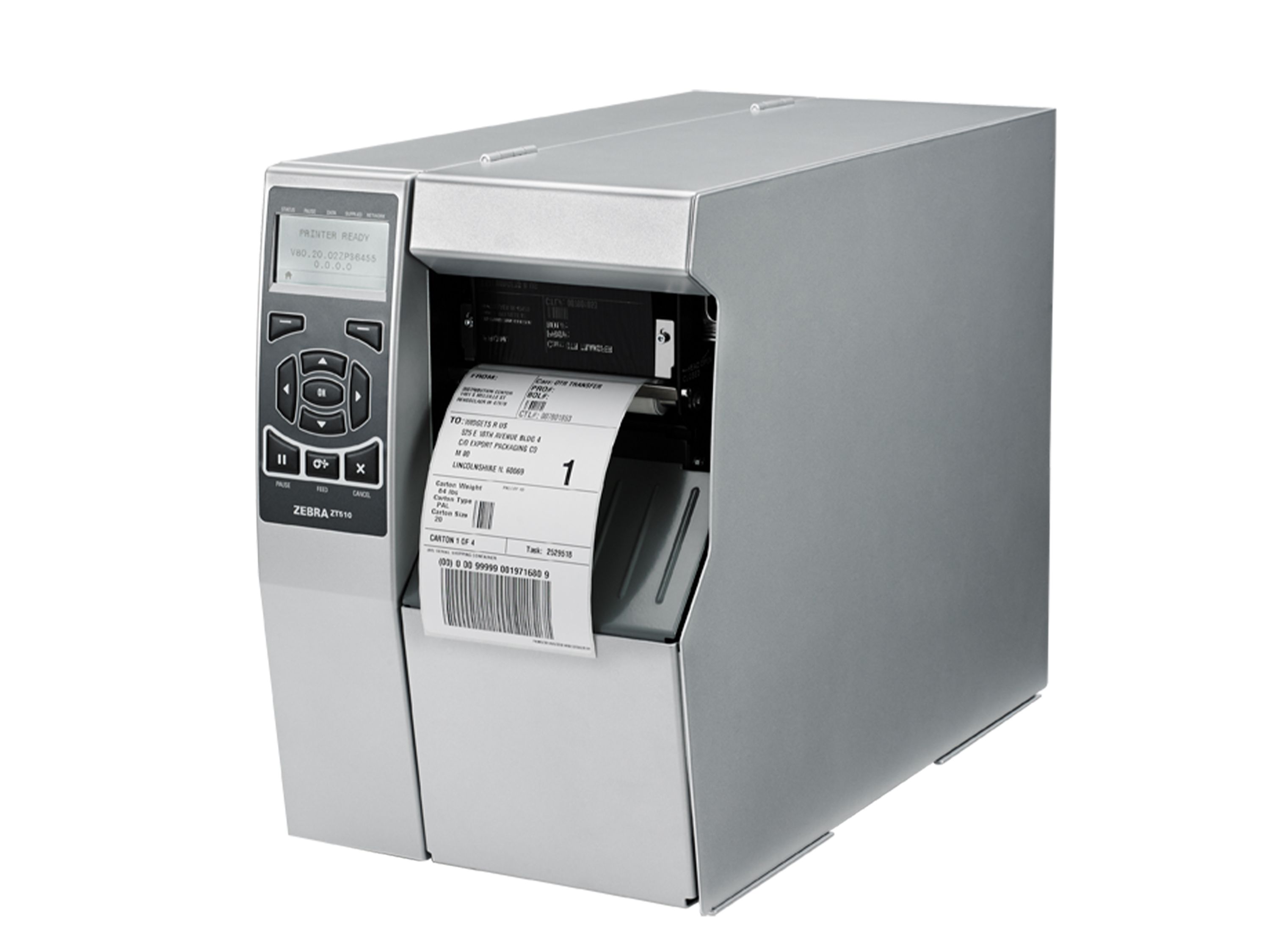 Imprimante d’étiquettes Zebra ZT510 face avant gauche avec étiquette