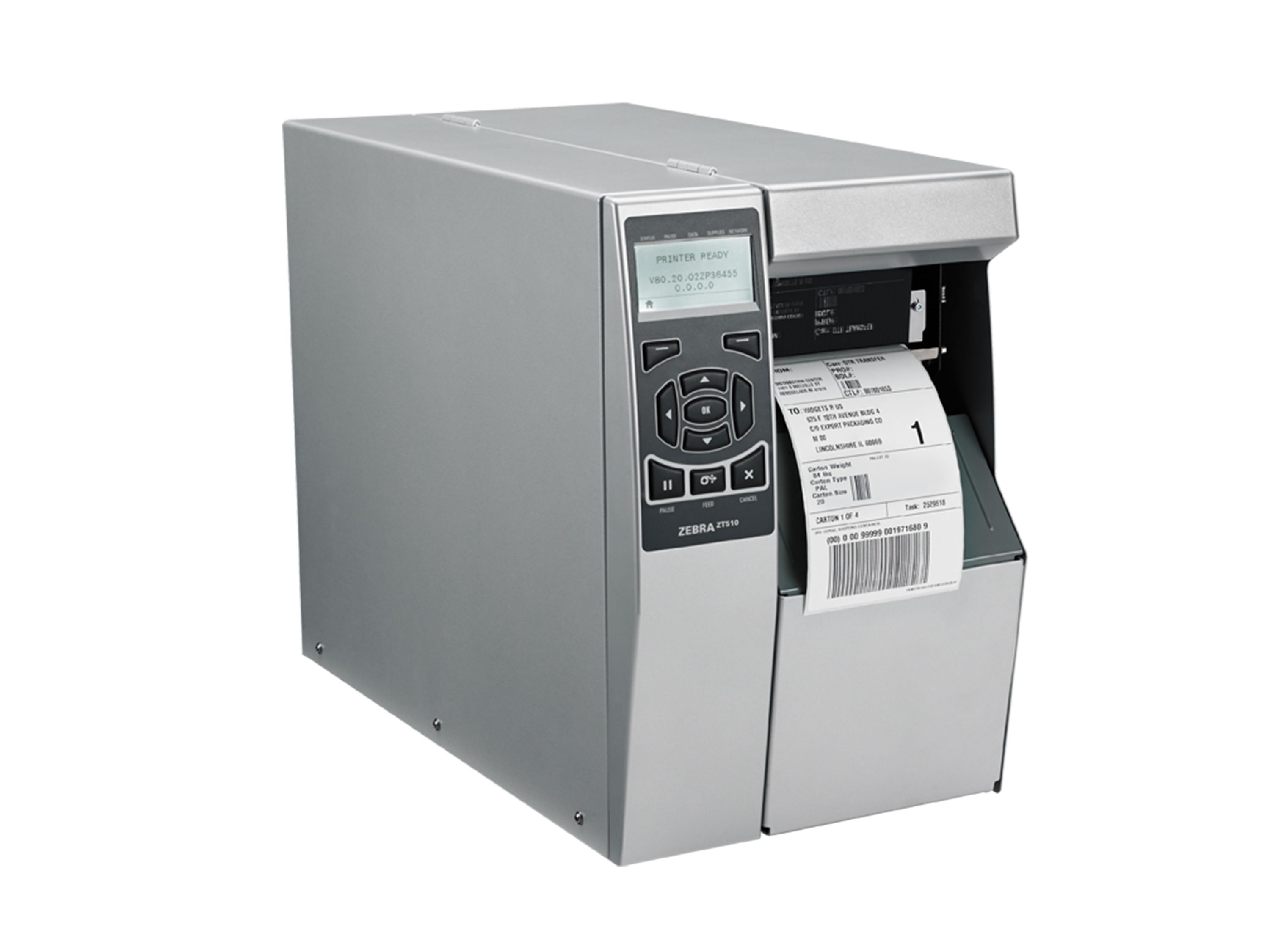 Imprimante d’étiquettes Zebra ZT510 face avant droite avec étiquette