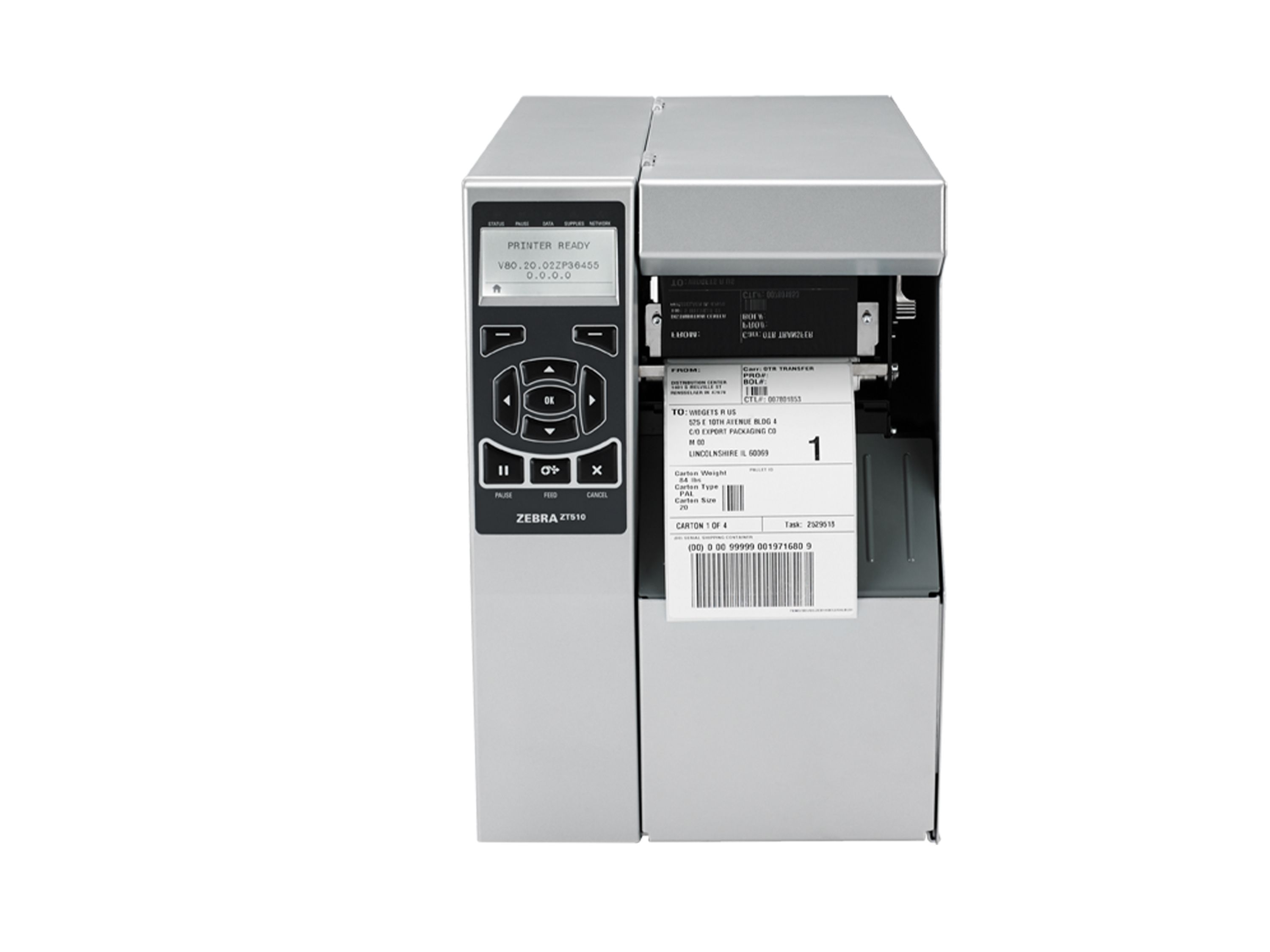 Imprimante d’étiquettes Zebra ZT510 face avant avec étiquette