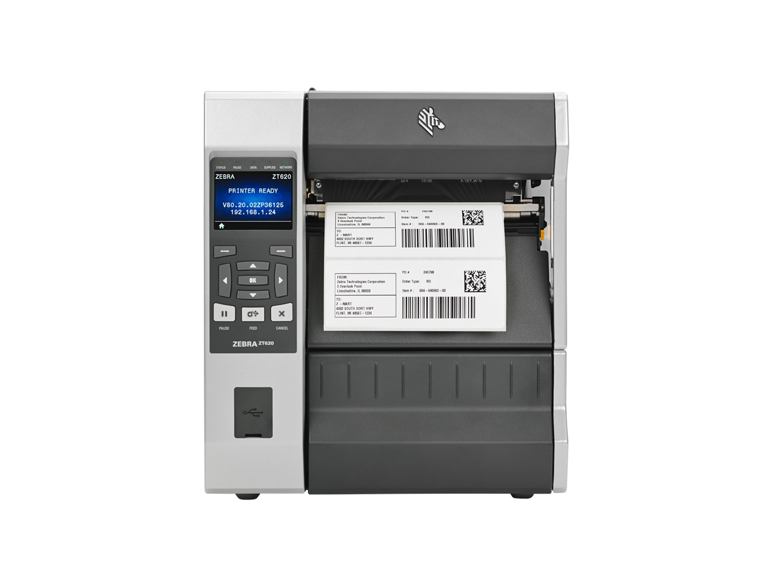 Imprimante d’étiquettes Zebra ZT620 face avant avec étiquette