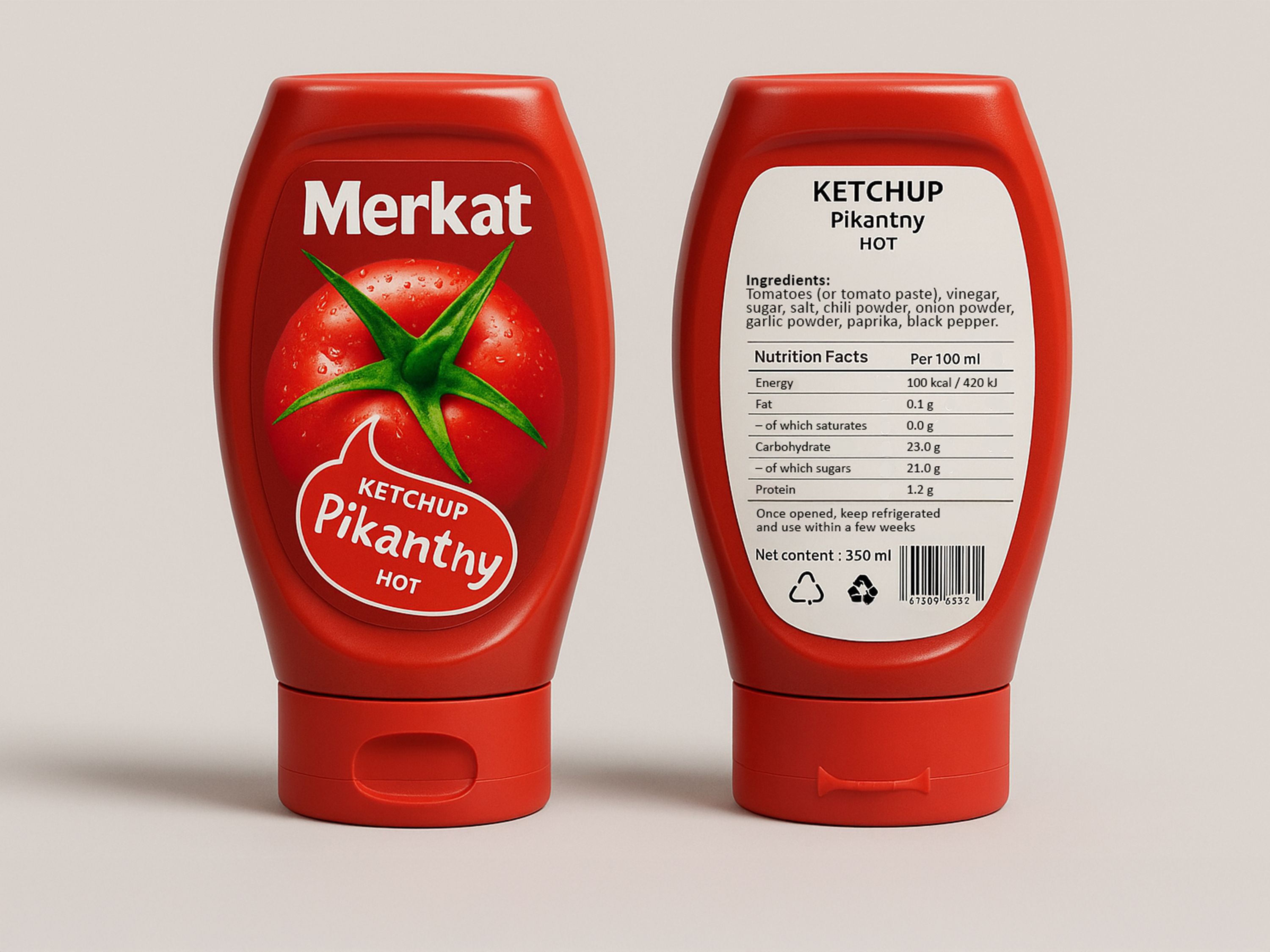 Étiqueteuse Geset 214 étiquettes des deux côtés sur bouteille de ketchup en plastique