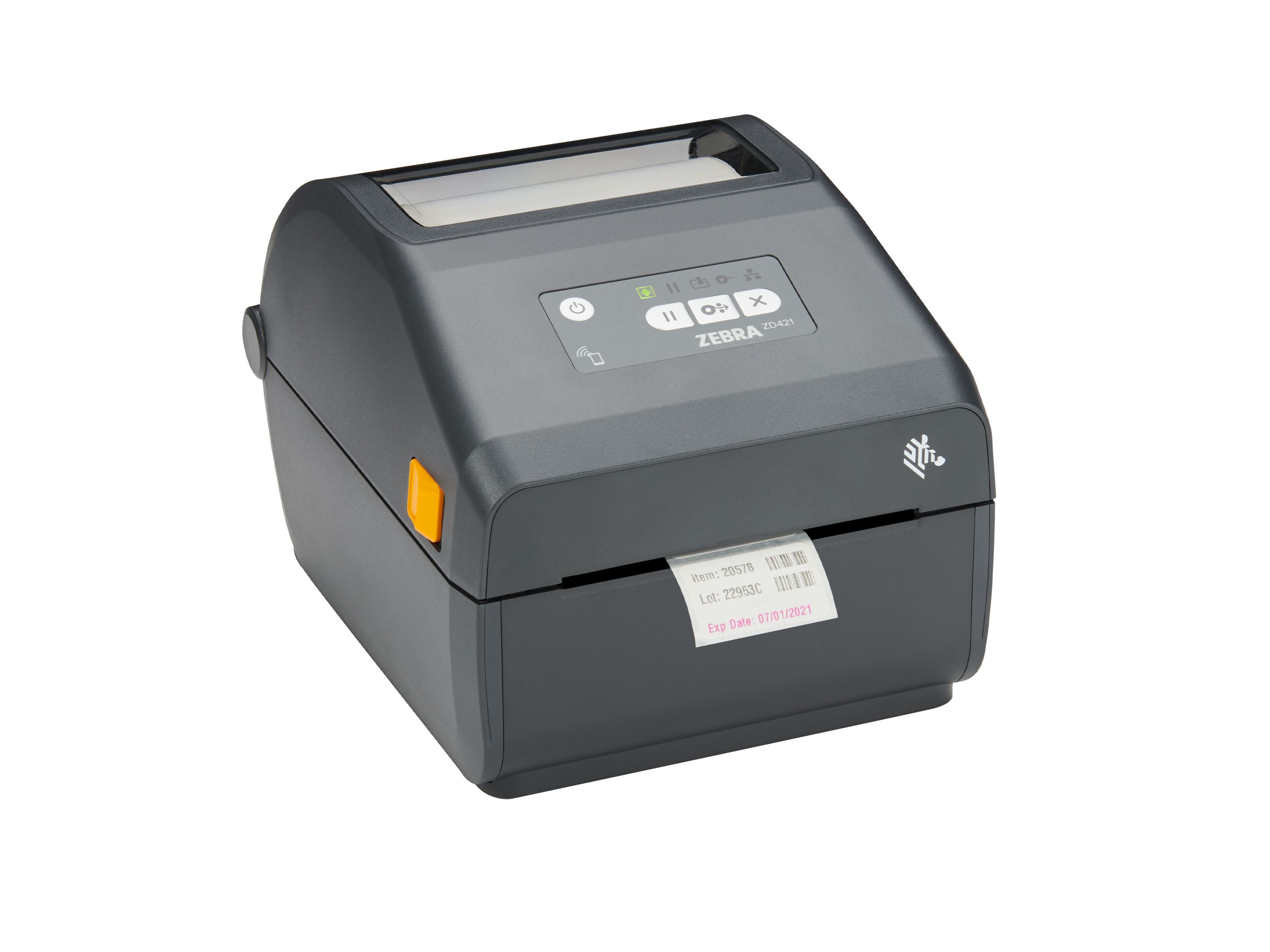 Imprimante de bureau Zebra ZD421 avant droite lors de l’impression d’étiquettes en rayon