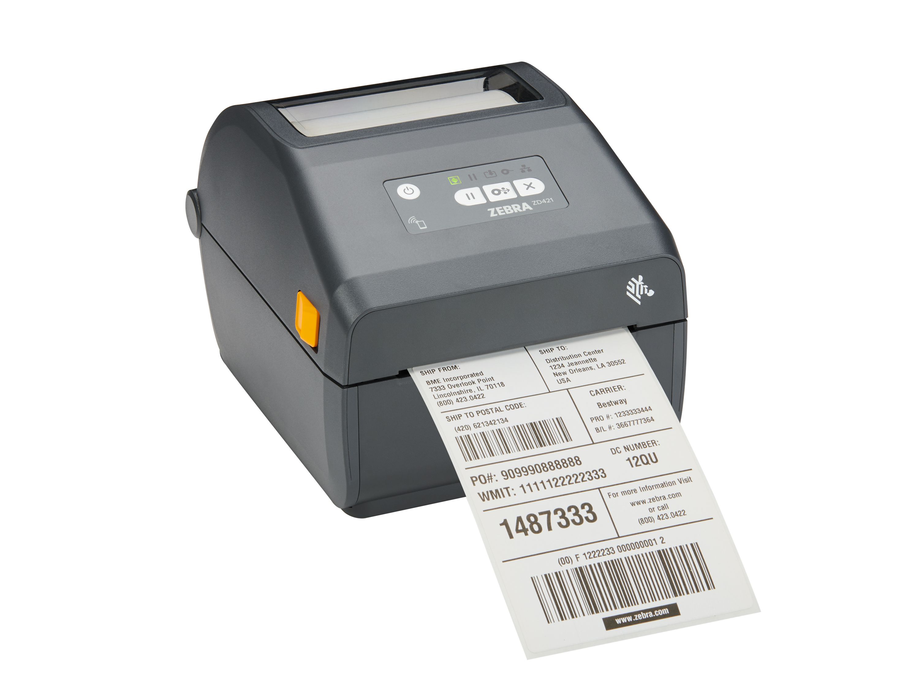 Imprimante de bureau Zebra ZD421 avant droite lors de l’impression d’étiquettes d’expédition
